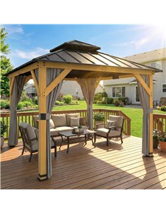 Outsunny 3 x 3 m Outdoor Hardtop Gazebo Canopy with 2-Tier Steel Roof, Wood Garden Gazebo with Curtains, Grey 2