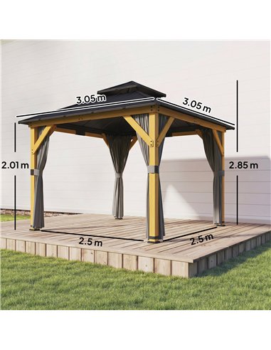 Outsunny 3 x 3 m Outdoor Hardtop Gazebo Canopy with 2-Tier Steel Roof, Wood Garden Gazebo with Curtains, Grey
