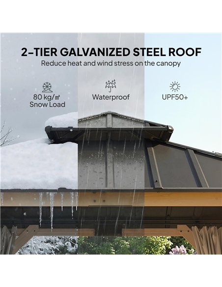 Outsunny 3 x 3 m Outdoor Hardtop Gazebo Canopy with 2-Tier Steel Roof, Wood Garden Gazebo with Curtains, Grey - pic 185867 | FastDaddyshop