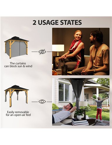 Outsunny 3 x 3 m Outdoor Hardtop Gazebo Canopy with 2-Tier Steel Roof, Wood Garden Gazebo with Curtains, Grey