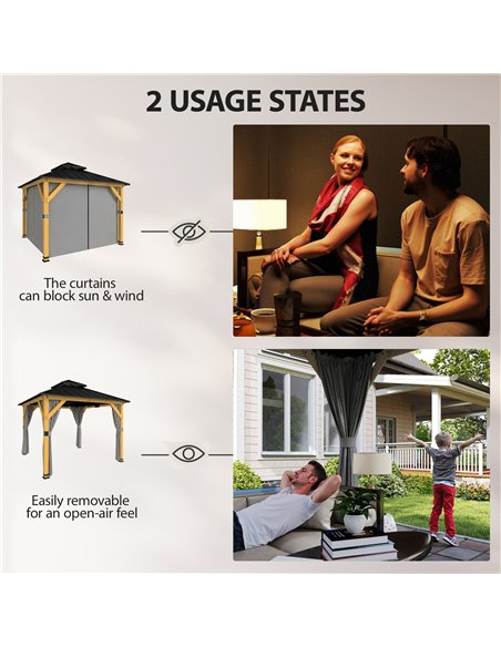 Outsunny 3 x 3 m Outdoor Hardtop Gazebo Canopy with 2-Tier Steel Roof, Wood Garden Gazebo with Curtains, Grey - pic 185868 | FastDaddyshop