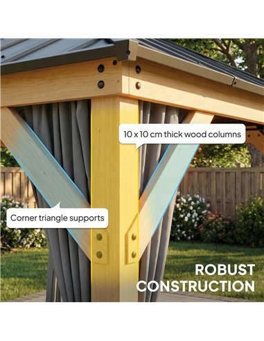 Outsunny 3 x 3 m Outdoor Hardtop Gazebo Canopy with 2-Tier Steel Roof, Wood Garden Gazebo with Curtains, Grey
