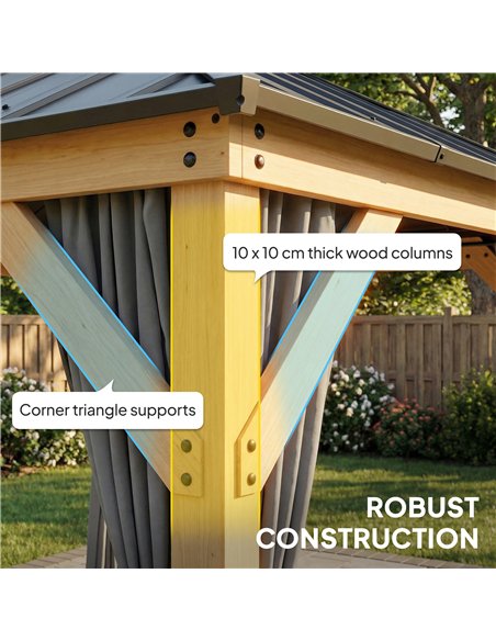 Outsunny 3 x 3 m Outdoor Hardtop Gazebo Canopy with 2-Tier Steel Roof, Wood Garden Gazebo with Curtains, Grey - pic 185869 | FastDaddyshop