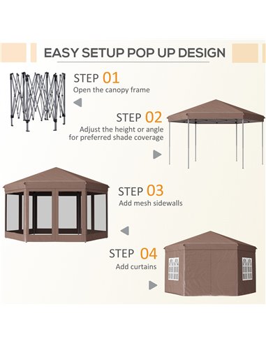 Outsunny 4m x 4m Hexagonal Metal Frame Garden Gazebo Brown