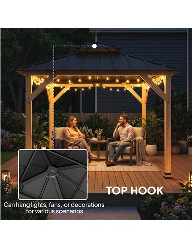 Outsunny 3 x 3 m Outdoor Hardtop Gazebo Canopy with 2-Tier Steel Roof, Wood Garden Gazebo with Curtains, Grey