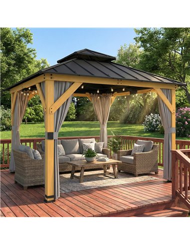 Outsunny 3 x 3 m Outdoor Hardtop Gazebo Canopy with 2-Tier Steel Roof, Wood Garden Gazebo with Curtains, Grey