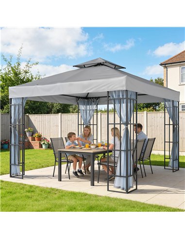Outsunny 3 x 3(m) Patio Gazebo Canopy Garden Pavilion Tent Shelter with 2 Tier Roof and Mosquito Netting, Light Grey