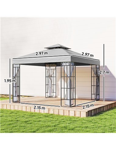 Outsunny 3 x 3(m) Patio Gazebo Canopy Garden Pavilion Tent Shelter with 2 Tier Roof and Mosquito Netting, Light Grey