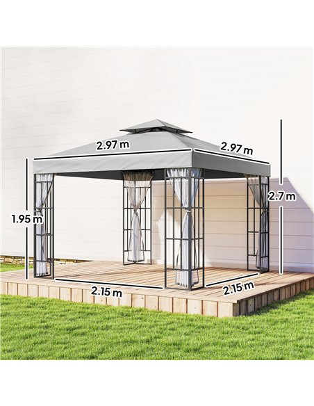 Outsunny 3 x 3(m) Patio Gazebo Canopy Garden Pavilion Tent Shelter with 2 Tier Roof and Mosquito Netting, Light Grey - pic 185884 | FastDaddyshop
