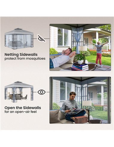Outsunny 3 x 3(m) Patio Gazebo Canopy Garden Pavilion Tent Shelter with 2 Tier Roof and Mosquito Netting, Light Grey