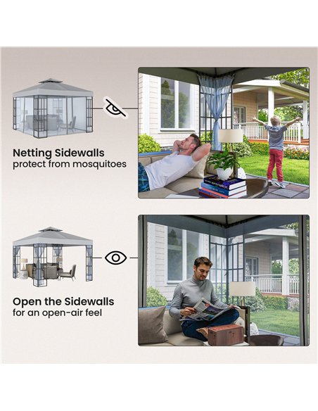 Outsunny 3 x 3(m) Patio Gazebo Canopy Garden Pavilion Tent Shelter with 2 Tier Roof and Mosquito Netting, Light Grey - pic 185887 | FastDaddyshop