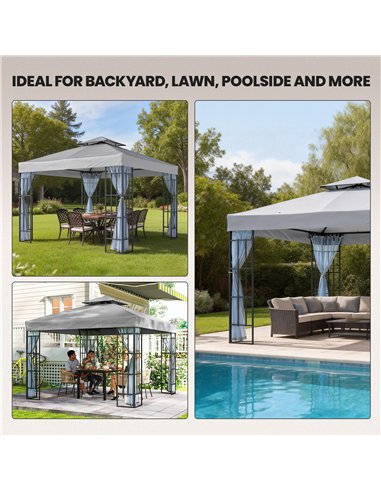 Outsunny 3 x 3(m) Patio Gazebo Canopy Garden Pavilion Tent Shelter with 2 Tier Roof and Mosquito Netting, Light Grey