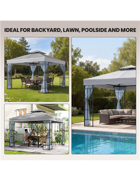 Outsunny 3 x 3(m) Patio Gazebo Canopy Garden Pavilion Tent Shelter with 2 Tier Roof and Mosquito Netting, Light Grey - pic 185888 | FastDaddyshop