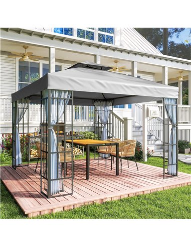 Outsunny 3 x 3(m) Patio Gazebo Canopy Garden Pavilion Tent Shelter with 2 Tier Roof and Mosquito Netting, Light Grey