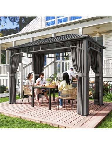 Outsunny 2 x 3.5 m Hardtop Gazebo with Galvanised Steel Roof, Waterproof Permanent Pavilion Garden Gazebo with Netting and Curta