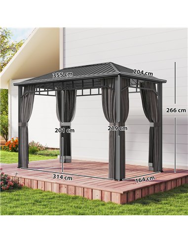 Outsunny 2 x 3.5 m Hardtop Gazebo with Galvanised Steel Roof, Waterproof Permanent Pavilion Garden Gazebo with Netting and Curta