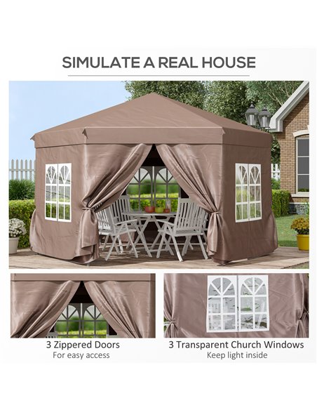 Outsunny 4m x 4m Hexagonal Metal Frame Garden Gazebo Brown - pic 18591 | FastDaddyshop