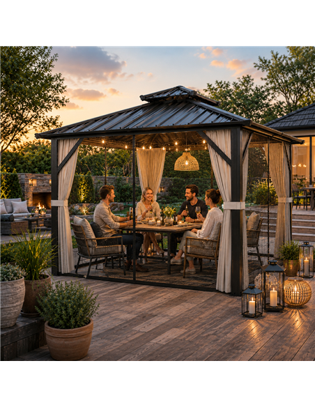 Outsunny 3x3 m Hardtop Gazebo Canopy with UPF50+ Double Galvanised Steel Roof, Aluminium Garden Gazebo Permanent Pavilion, Brown - pic 185910 | FastDaddyshop