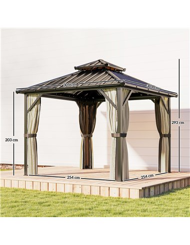 Outsunny 3x3 m Hardtop Gazebo Canopy with UPF50+ Double Galvanised Steel Roof, Aluminium Garden Gazebo Permanent Pavilion, Brown