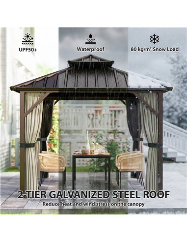 Outsunny 3x3 m Hardtop Gazebo Canopy with UPF50+ Double Galvanised Steel Roof, Aluminium Garden Gazebo Permanent Pavilion, Brown