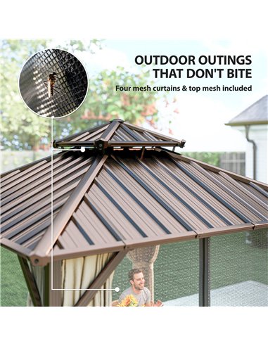 Outsunny 3x3 m Hardtop Gazebo Canopy with UPF50+ Double Galvanised Steel Roof, Aluminium Garden Gazebo Permanent Pavilion, Brown