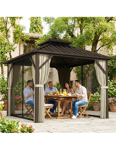 Outsunny 3x3 m Hardtop Gazebo Canopy with UPF50+ Double Galvanised Steel Roof, Aluminium Garden Gazebo Permanent Pavilion, Brown