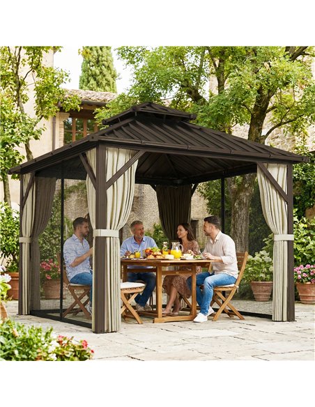 Outsunny 3x3 m Hardtop Gazebo Canopy with UPF50+ Double Galvanised Steel Roof, Aluminium Garden Gazebo Permanent Pavilion, Brown - pic 185917 | FastDaddyshop