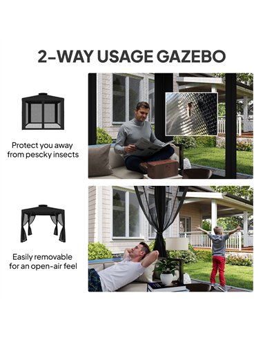 Outsunny 3 x 3 m Metal Gazebo, Garden Pavillion, Double Roof Outdoor Canopy Shelter with Mesh Sidewalls, Black