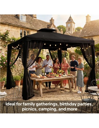 Outsunny 3 x 3 m Metal Gazebo, Garden Pavillion, Double Roof Outdoor Canopy Shelter with Mesh Sidewalls, Black
