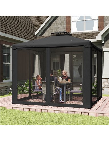 Outsunny 3 x 3 m Metal Gazebo, Garden Pavillion, Double Roof Outdoor Canopy Shelter with Mesh Sidewalls, Black