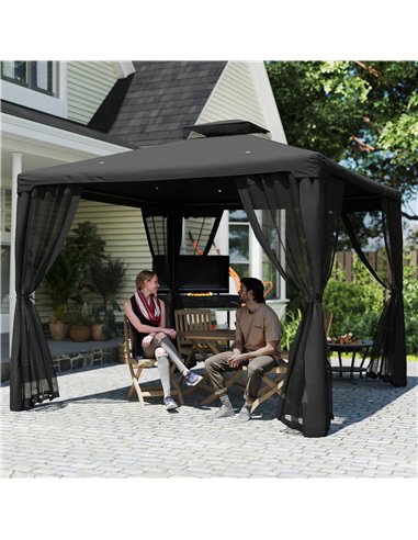 Outsunny 3 x 3 m Metal Gazebo, Garden Pavillion, Double Roof Outdoor Canopy Shelter with Mesh Sidewalls, Black