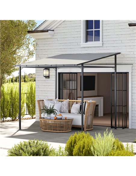 Outsunny 2.4 x 2.4 m Wall Mounted Pergola Gazebo with PA Coating Fabric, Metal Frame, UPF30+, Lean to Garden Gazebo, Light Grey - pic 185928 | FastDaddyshop