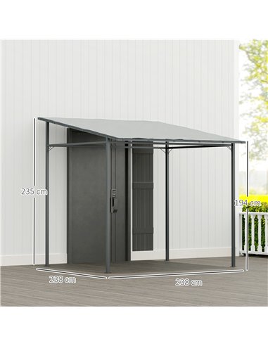 Outsunny 2.4 x 2.4 m Wall Mounted Pergola Gazebo with PA Coating Fabric, Metal Frame, UPF30+, Lean to Garden Gazebo, Light Grey