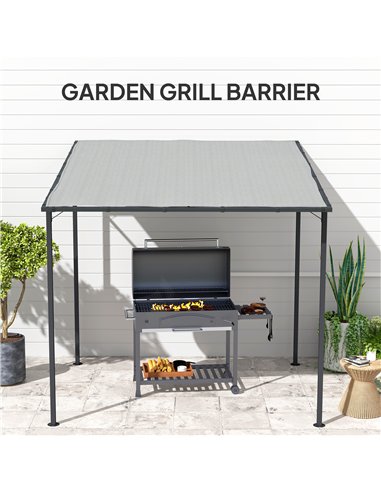 Outsunny 2.4 x 2.4 m Wall Mounted Pergola Gazebo with PA Coating Fabric, Metal Frame, UPF30+, Lean to Garden Gazebo, Light Grey
