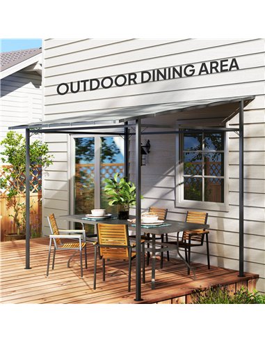 Outsunny 2.4 x 2.4 m Wall Mounted Pergola Gazebo with PA Coating Fabric, Metal Frame, UPF30+, Lean to Garden Gazebo, Light Grey