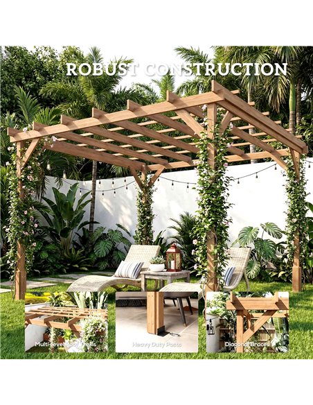 Outsunny 3 x 3 m Wooden Pergola Kit, Decorative Garden Gazebo Shelter with Stable Structure for Climbing Vines, Dark Brown - pic 185959 | FastDaddyshop