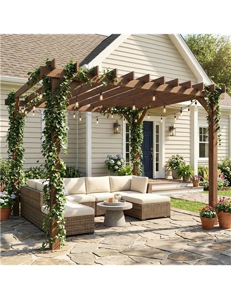 Outsunny 3 x 3 m Wooden Pergola Kit, Garden Pergola Gazebo Grape Trellis with Triangle Supports, Maple Wood-effect - pic 185973 | FastDaddyshop