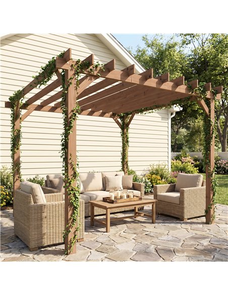 Outsunny 3 x 3 m Wooden Pergola Kit, Garden Pergola Gazebo Grape Trellis with Triangle Supports, Maple Wood-effect - pic 185978 | FastDaddyshop