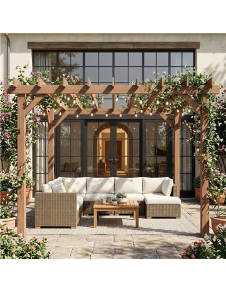 Outsunny 3.6 x 3 m Wooden Pergola Kit, Garden Pergola Gazebo Grape Trellis with Triangle Supports, Maple Wood-effect - pic 185988 | FastDaddyshop