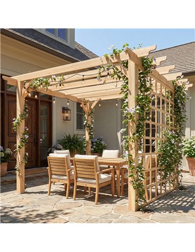 Outsunny 3 x 3 m Wooden Pergola Kit, Garden Pergola Gazebo Arch with Trellis for Climbing Vines, Flowers, Nature Wood Finish
