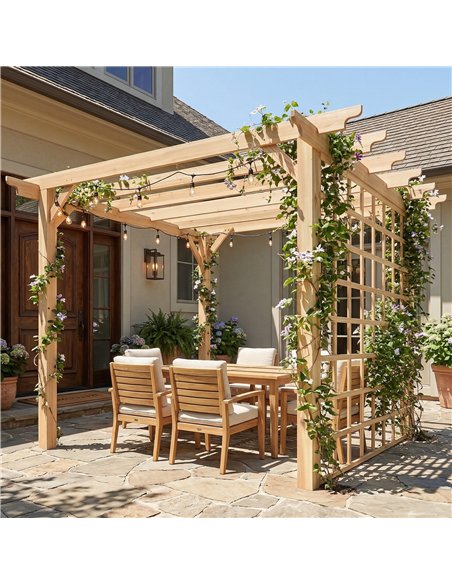 Outsunny 3 x 3 m Wooden Pergola Kit, Garden Pergola Gazebo Arch with Trellis for Climbing Vines, Flowers, Nature Wood Finish - pic 185991 | FastDaddyshop