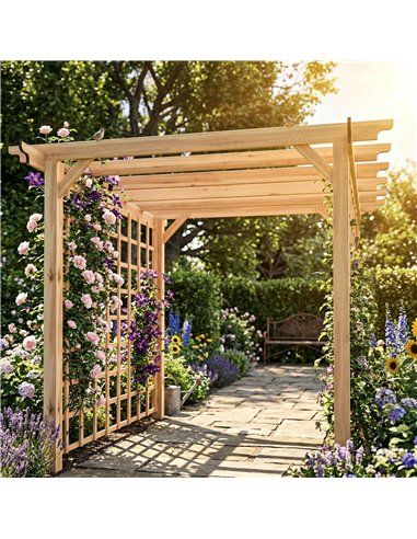 Outsunny 3 x 3 m Wooden Pergola Kit, Garden Pergola Gazebo Arch with Trellis for Climbing Vines, Flowers, Nature Wood Finish