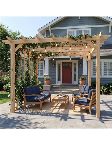 Outsunny 3 x 3 m Wooden Pergola Kit, Garden Pergola Gazebo Arch with Trellis for Climbing Vines, Flowers, Nature Wood Finish - pic 185998 | FastDaddyshop