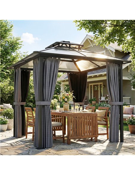 Outsunny 2.5 x 2.5 m Hardtop Gazebo Canopy with Double PC Roof, Drainage Gutters, Garden Gazebo Permanent Pavilion, Dark Grey - pic 186000 | FastDaddyshop