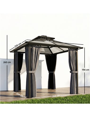 Outsunny 2.5 x 2.5 m Hardtop Gazebo Canopy with Double PC Roof, Drainage Gutters, Garden Gazebo Permanent Pavilion, Dark Grey