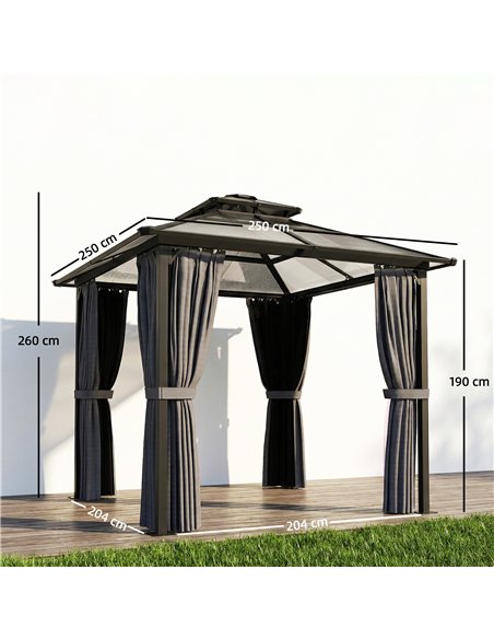 Outsunny 2.5 x 2.5 m Hardtop Gazebo Canopy with Double PC Roof, Drainage Gutters, Garden Gazebo Permanent Pavilion, Dark Grey - pic 186001 | FastDaddyshop