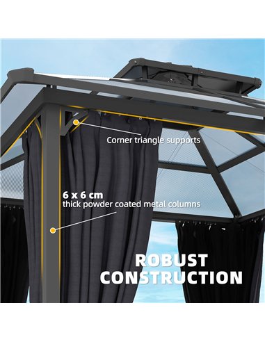 Outsunny 2.5 x 2.5 m Hardtop Gazebo Canopy with Double PC Roof, Drainage Gutters, Garden Gazebo Permanent Pavilion, Dark Grey