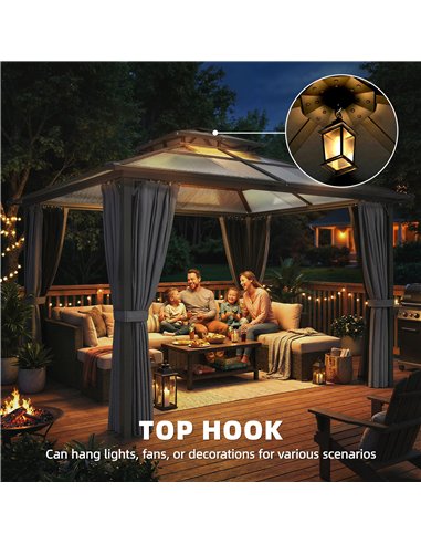 Outsunny 2.5 x 2.5 m Hardtop Gazebo Canopy with Double PC Roof, Drainage Gutters, Garden Gazebo Permanent Pavilion, Dark Grey