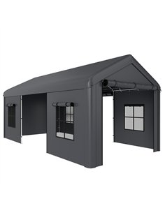 Outsunny 3 x 6 m Heavy Duty Carport, Portable Garage Car Canopy Tent with Galvanised Frame, Doors, Windows, Dark Grey