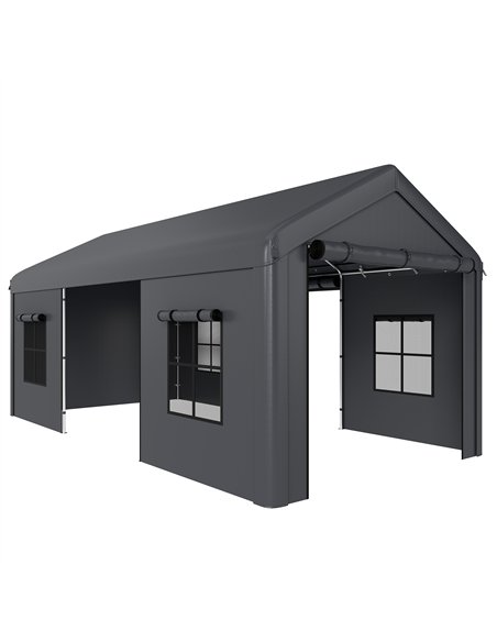 Outsunny 3 x 6 m Heavy Duty Carport, Portable Garage Car Canopy Tent with Galvanised Frame, Doors, Windows, Dark Grey - pic 186008 | FastDaddyshop